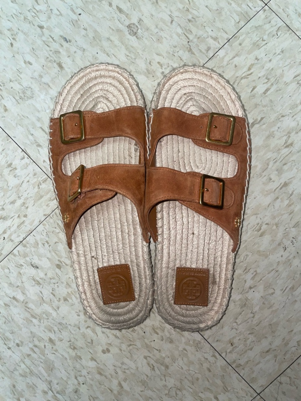 Tory Burch Two-Band Espadrille Slide Sandals - Ambra Brown - Size 10